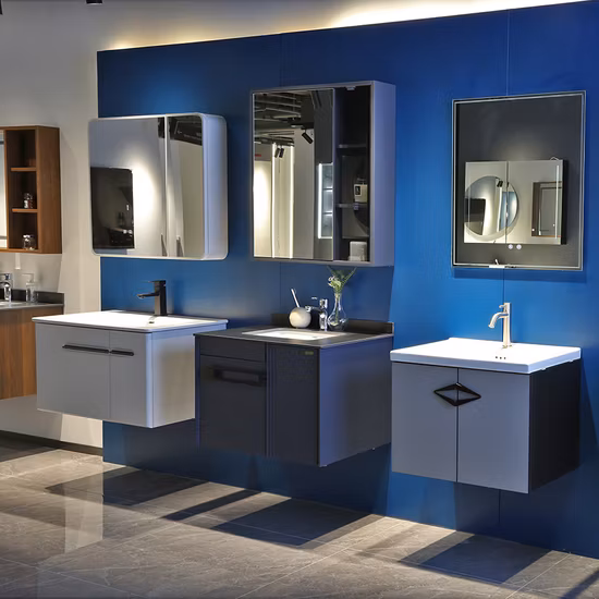 Bestseller, guter Preis, wandhängender Badezimmer-Waschtisch aus PVC mit LED-Spiegel und Seitenschrank